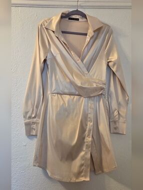 Satin Wrap-Style Shirt Dress in Champagne Size Large